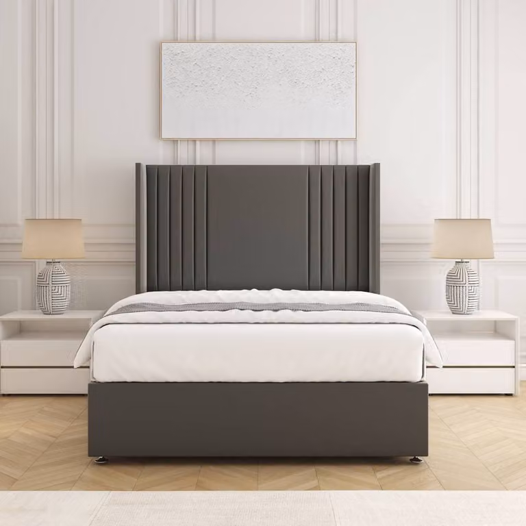 BSSPOKE Cheshire Double Divan Bed with 54 inch Plush Headboard, 2 Drawers, Footend and Mattress in Grey Velvet Fabric, W/D/H: 140 x 200 cm