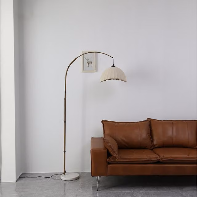 Livingandhome Retro Floor Lamp with Fabric Dome Shade and Marble and Wood Base in White