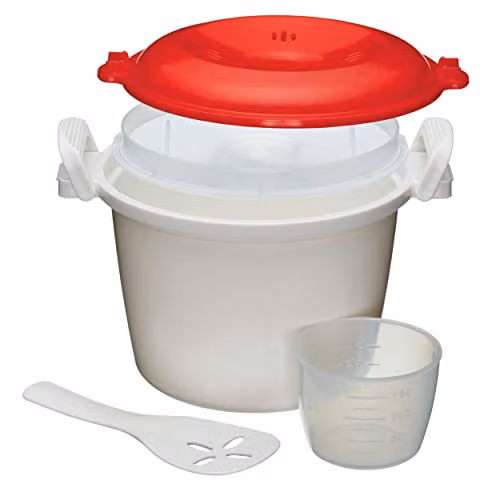 KitchenCraft Microwave Rice Cooker and Steamer, 1.5 Litre, White and Red