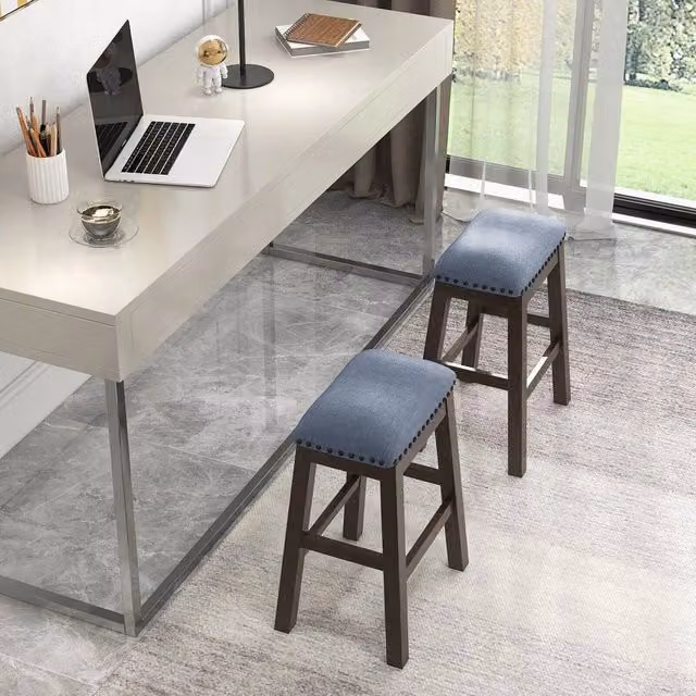 EONLION Set of 2 Blue Fabric Bar Stools with Rubberwood Legs, Height: 100 cm