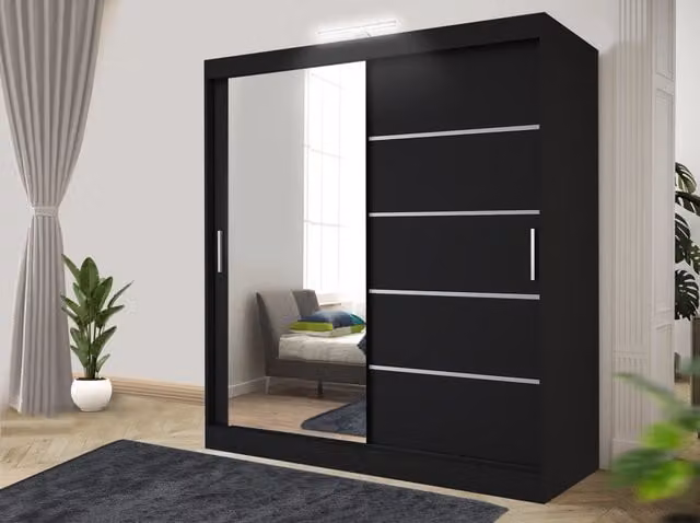 RAC3 Modern Sliding Door Wardrobe with Mirror, Integrated LED Lighting and Drawers in Black and White, W: 120 cm