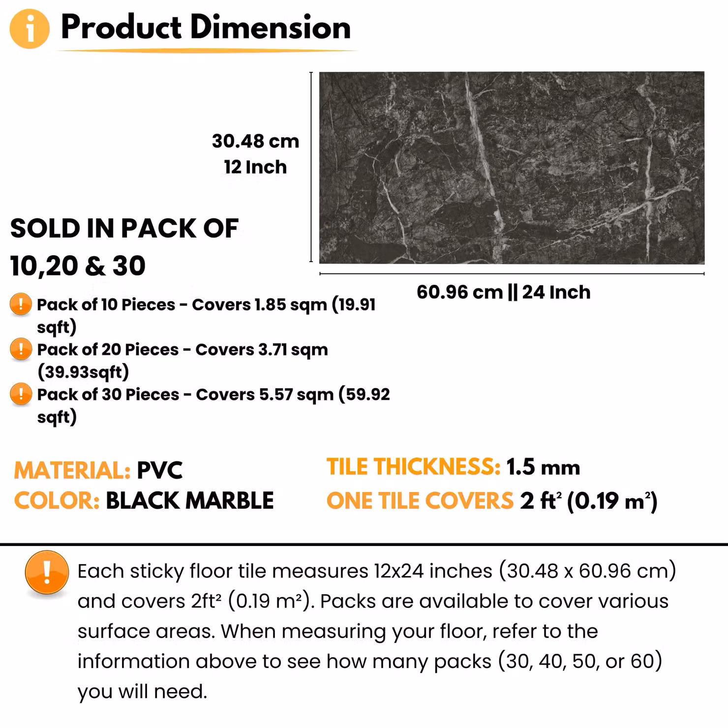 Novecrafto Self Adhesive Marble Black Vinyl Floor Tiles, 30 Pieces, Covers 5.57 m², W: 30.48 cm, H: 60.96 cm – 4