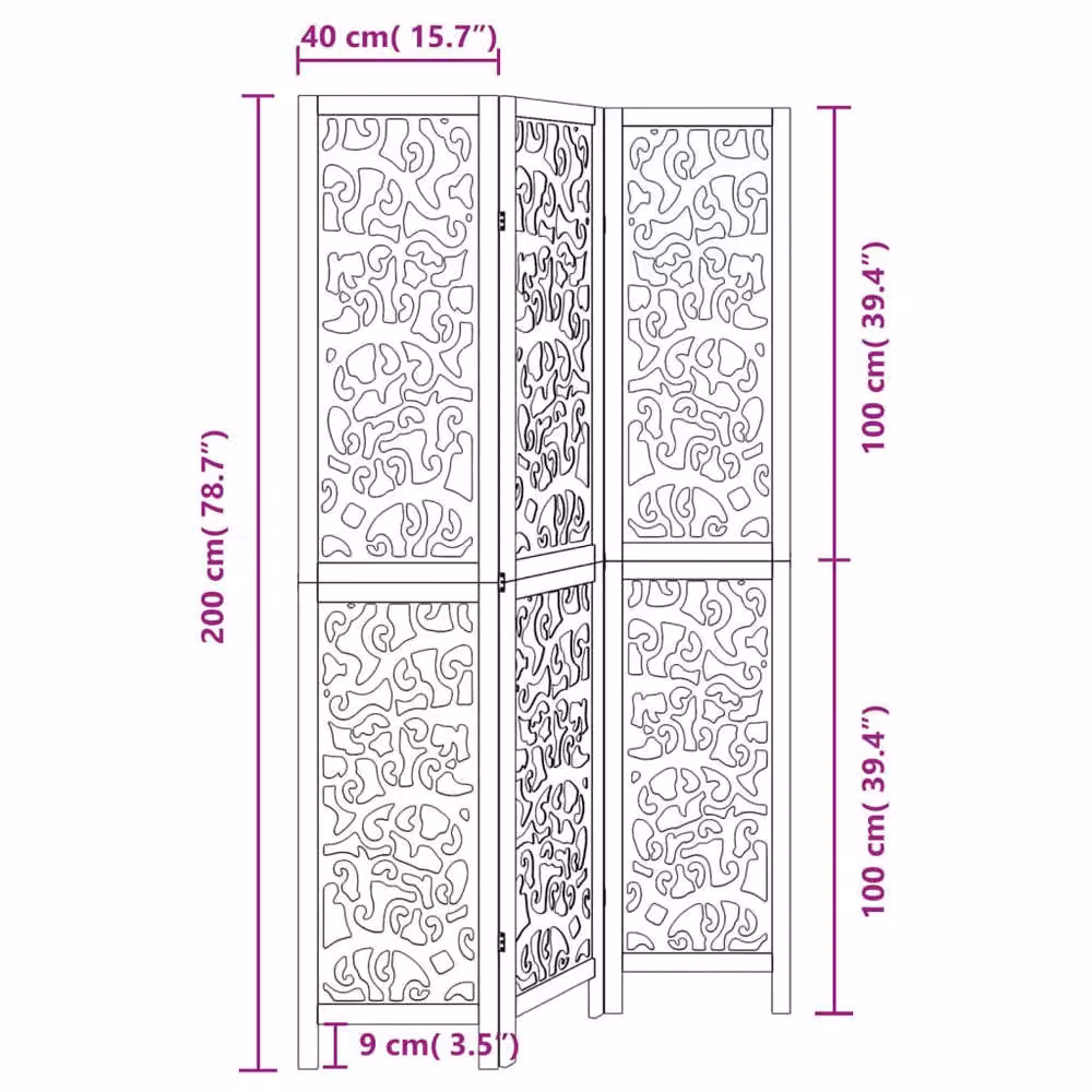 Berkfield Home 3-Panel Black Solid Paulownia Wood Room Divider, H: 200 cm x W: 330 cm (3 x 110 cm) – 5