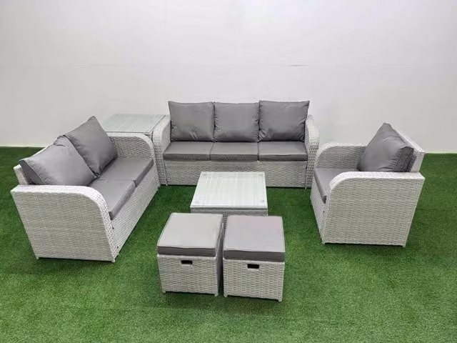 Fimous Patio 8 Seater Grey PE Wicker Rattan Outdoor Furniture Set with Square Coffee Table, Reclining Chairs, Loveseat, 3 Seater Sofa and Stool