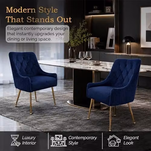 Hygrad Built to Survive Set of 2 Modern Upholstered Velvet Dining Chairs in Blue with Gold Metal Legs – 3