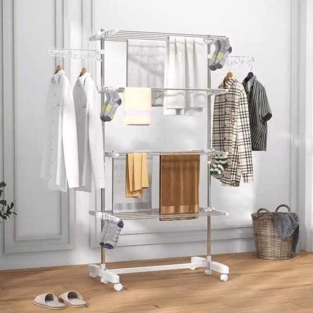 STILVORA Foldable Stainless Steel Clothes Airer with 4 Shelves and Wheels in White – 1
