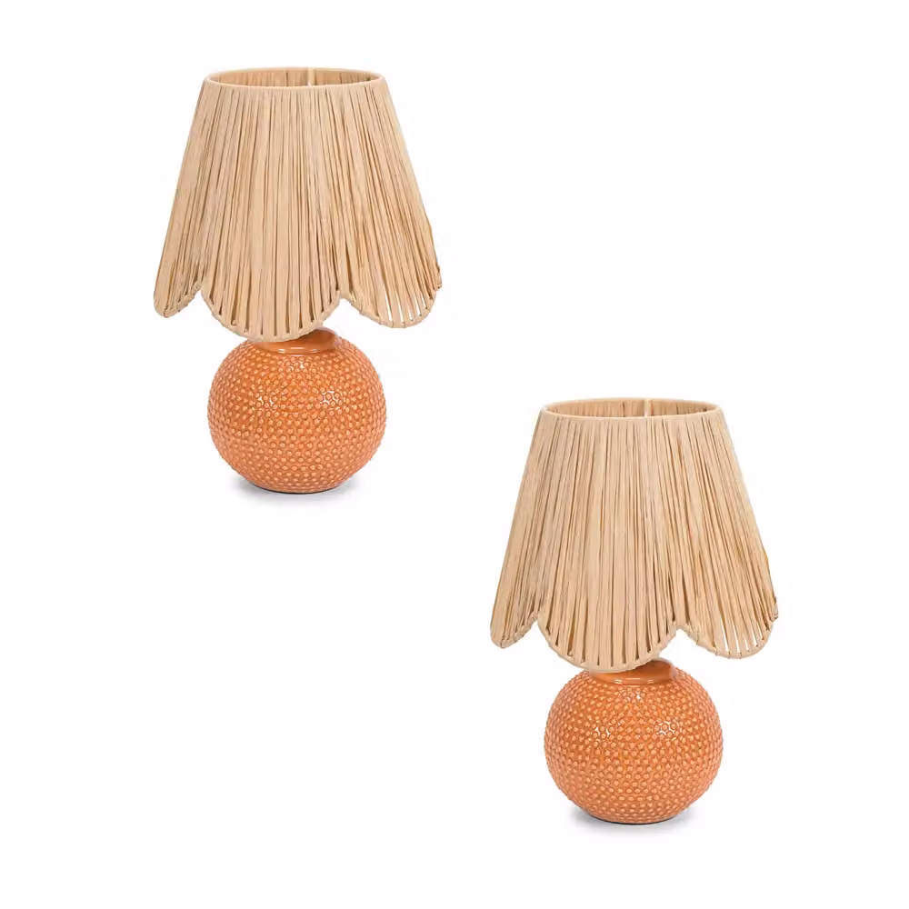 ValueLights Sebby Pair of Peach Ceramic Globe Textured Table Lamps with Beige Rattan Shades and LED Bulbs – 2