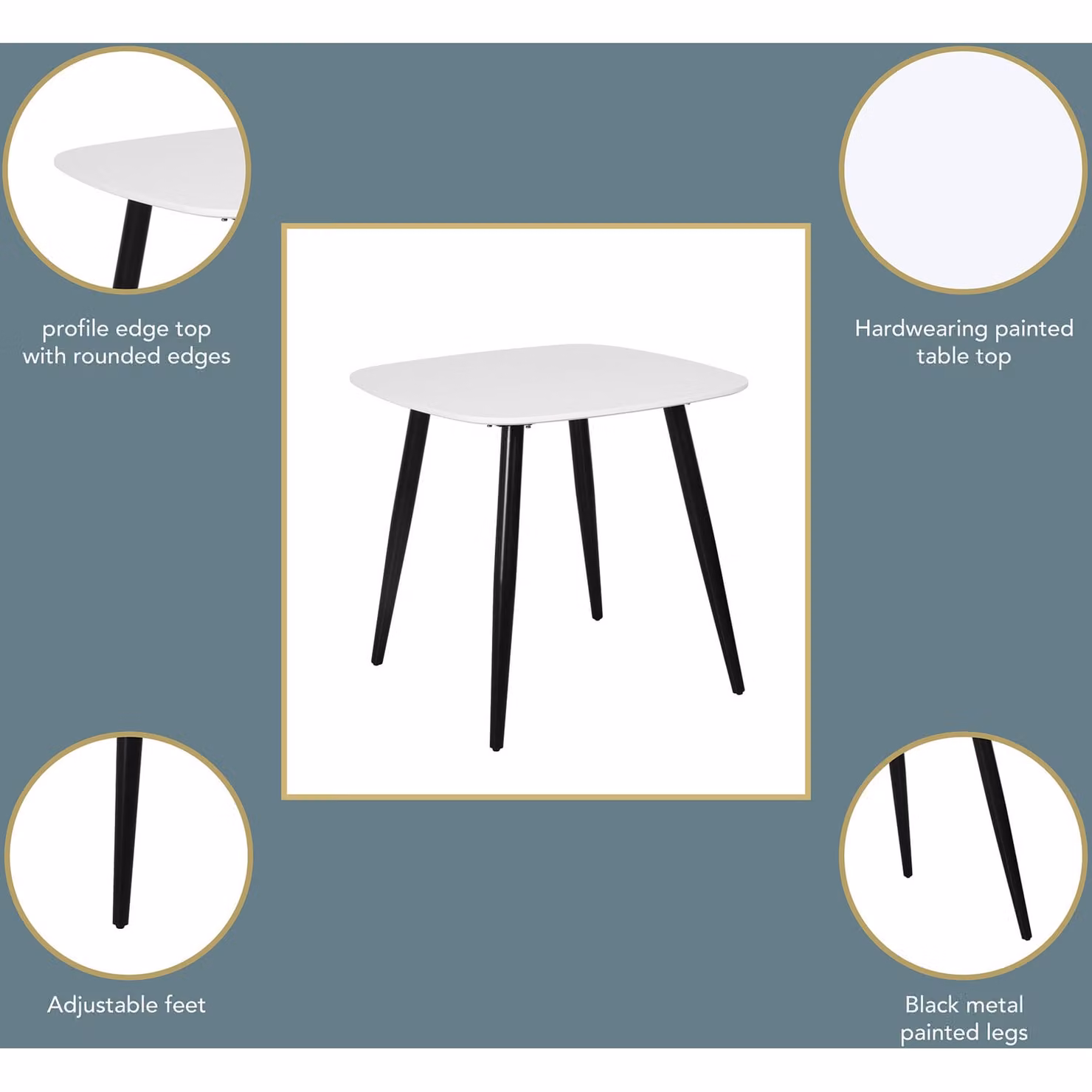 Core Products Aspen White Square Lacquered Dining Table with 2 Blue Chord Stitched Fabric Chairs, W/D/H: 120 x 80 x 75 cm