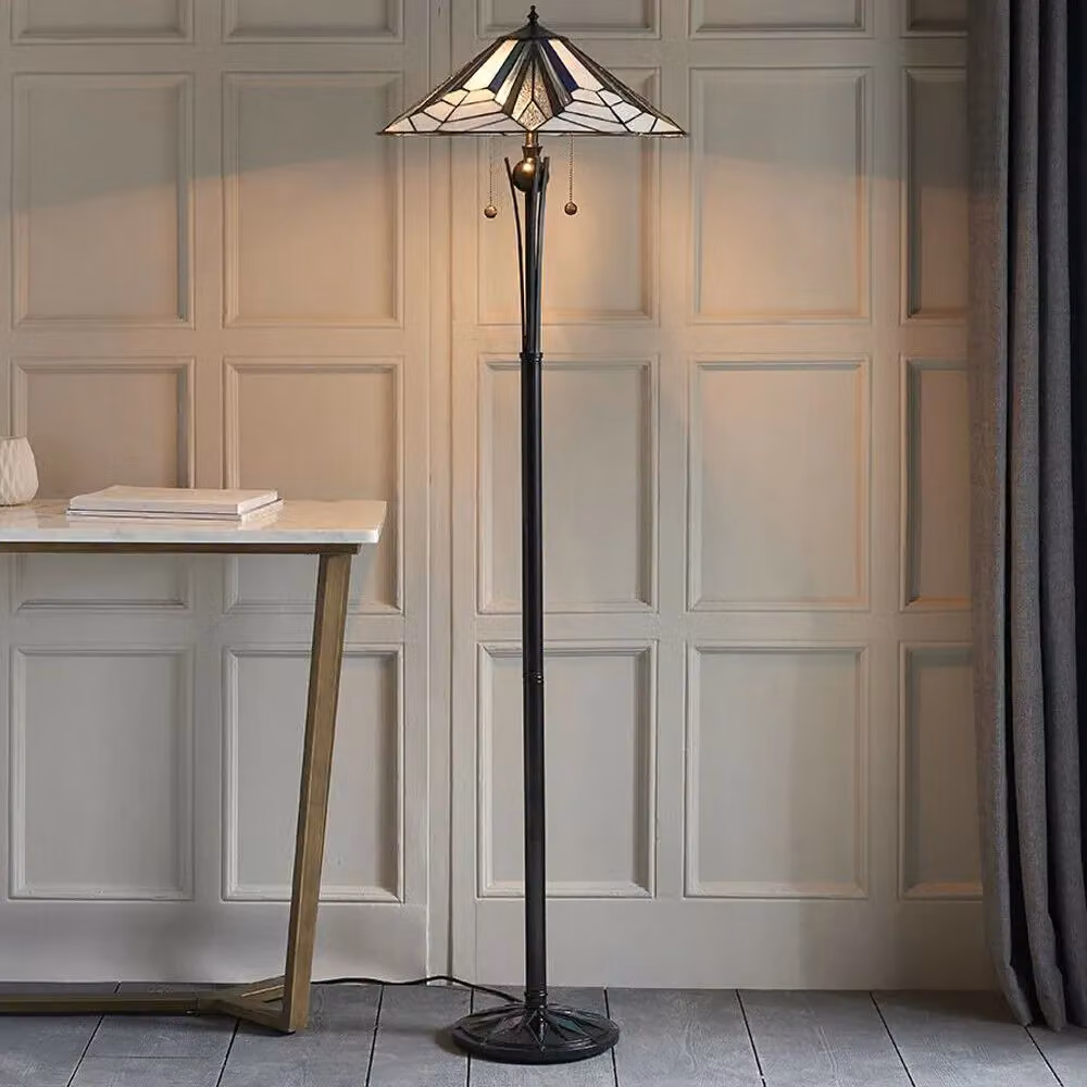 Loops Tiffany Twin Floor Lamp with Black Stem and Multicolour Retro Stained Glass Shades – 4