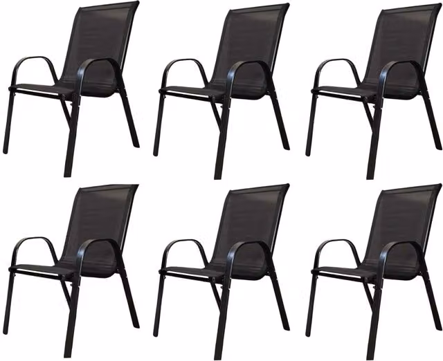 Samuel Alexander Set of 6 Black Textilene and Powder Coated Steel Stackable Outdoor Garden Patio Chairs with Armrests