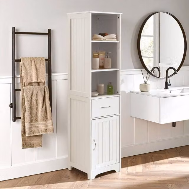 Orsina Tall White Display Cabinet with Drawer and Shelves, H 160 x W 40 x D 38 cm – 1
