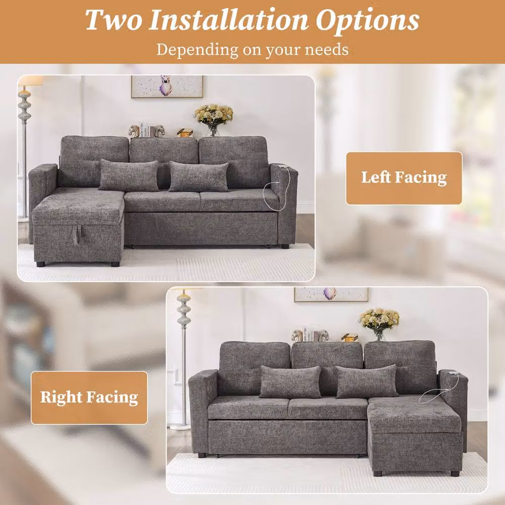Rolipo 3-in-1 Convertible Chenille L-Shaped Sofa Bed with Storage and USB Charging, Grey – 4