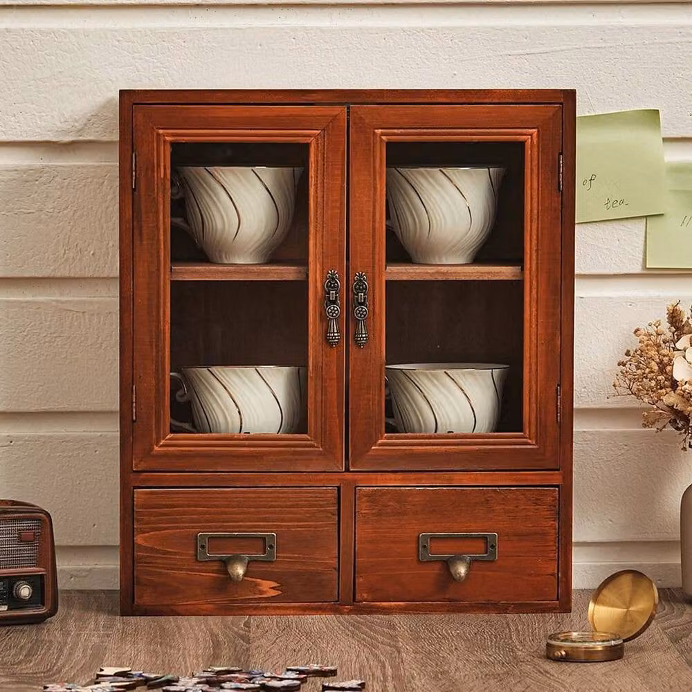 KORVIXA Small Desktop Wooden Storage Cabinet with Drawers in Brown – 5