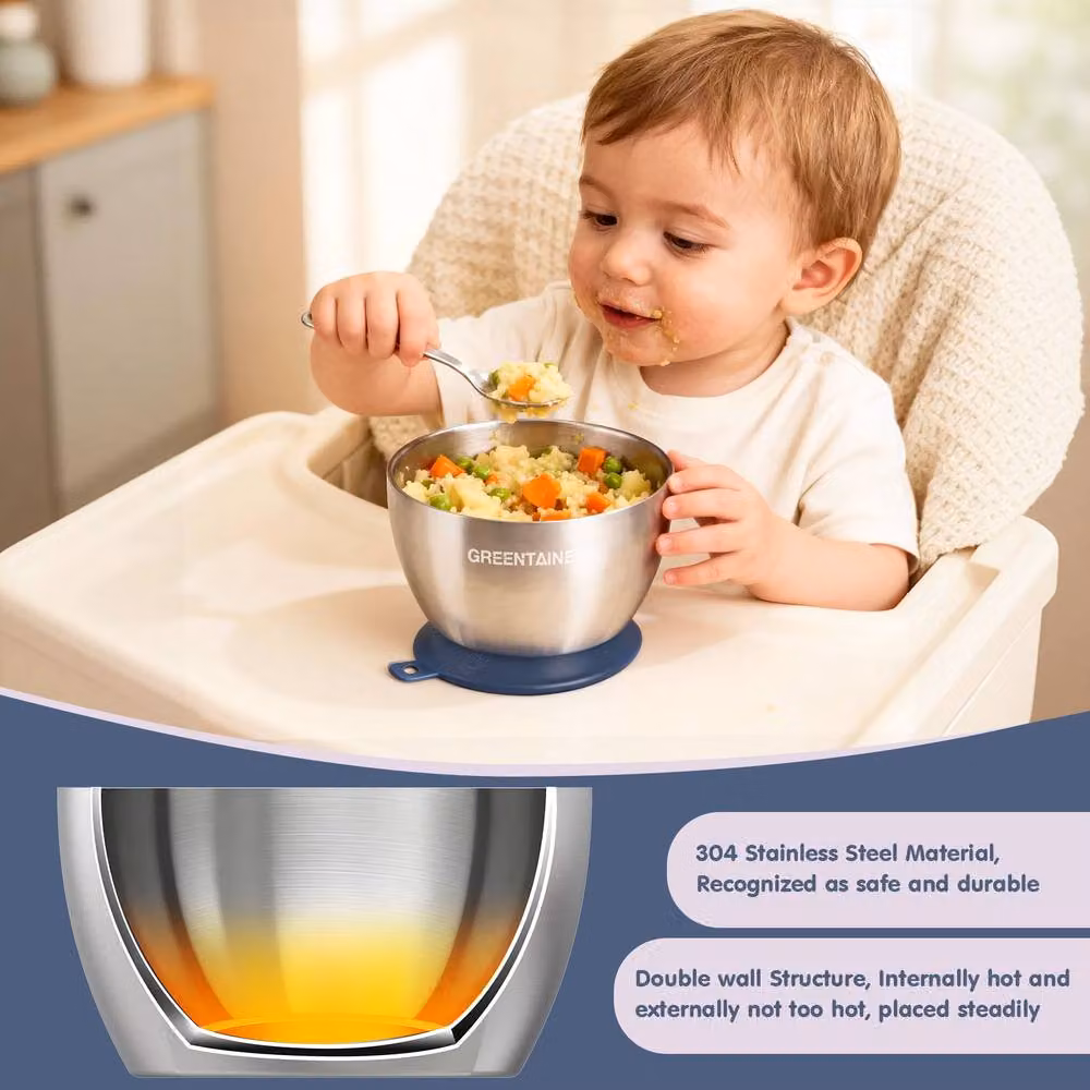 Greentainer 3-Piece Insulated Baby Suction Bowl Set in Multicolour and Silver with Stainless Steel and Silicone – 4