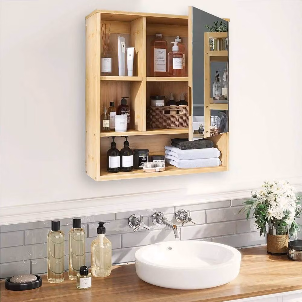 SPETLEK Scandinavian Wall Mounted Bathroom Cabinet with Mirror Door in Natural Brown – 3