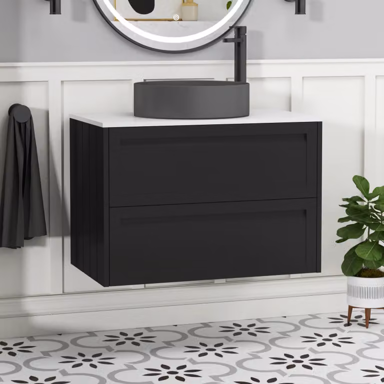 Royal Bathrooms Elmore 800mm Wall Hung Vanity Unit in Matt Nocturne Black with 2 Drawers, Plain White Worktop and Art Round Basin