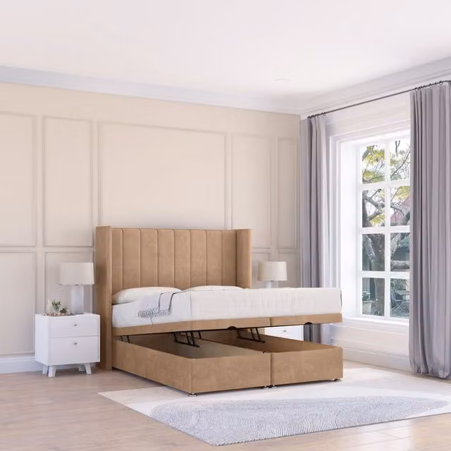 Sloomy Falcon Naples Fabric Ottoman Bed with Sprung Memory Mattress and Winged Floorstanding Headboard, Beige, W/D/H: 140 x 200 cm