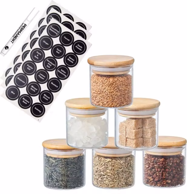Eden & Willow Set of 6 Airtight Round Glass Spice Jars with Bamboo Lids and Labels, Transparent, 150 ml each