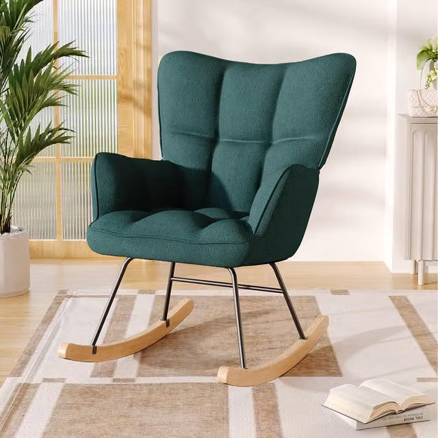 Livingandhome Mid-Century Green Fabric Tufted Upholstered Rocking Chair with Armrests and Wooden Runner