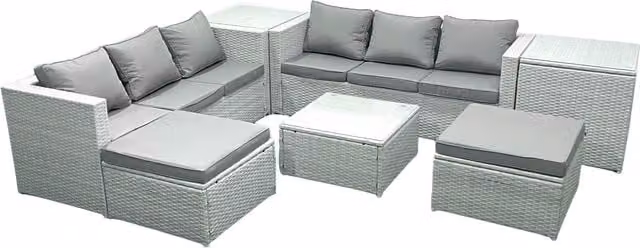 Fimous 8 Seater Rattan Garden Furniture Set in Light Grey with L-Shape Sofa, 2 Ottomans and Outdoor Coffee Table