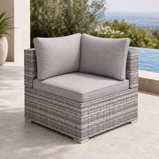 STILVORA Grey Rattan Corner Sofa Chair with Cushions and Galvanised Steel Frame – 1