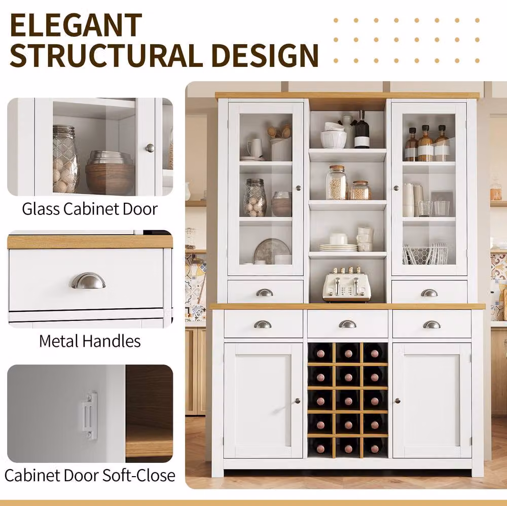 STILVORA White Pantry Cabinet with Glass Doors, Wine Rack and 5 Drawers – 4