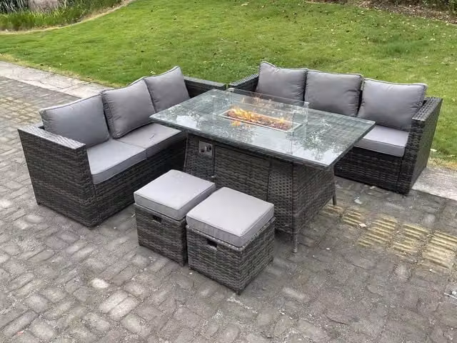 Fimous 8 Seater Outdoor Rattan Garden Furniture Set with Gas Firepit, Dining Table and Footstools in Dark Grey