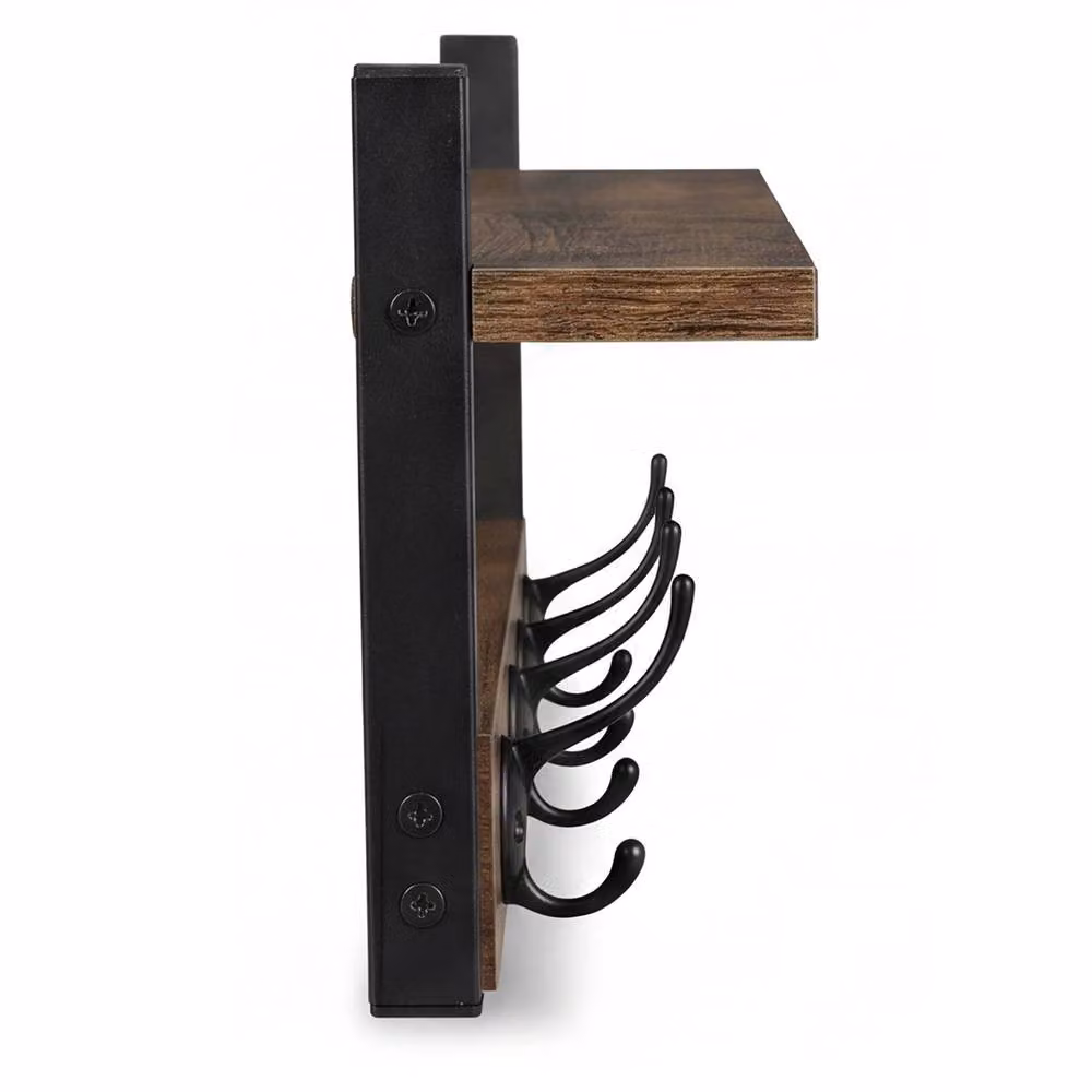 Levede 2 Pack Brown and Black Wooden Wall Mounted Coat Rack with Storage Shelf and Hooks, W: 60 cm – 5
