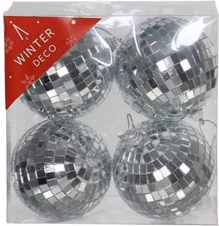 KDMD Silver Disco Bauble 4 Pack, 10 cm Round Geometric Christmas Hanging Ornaments