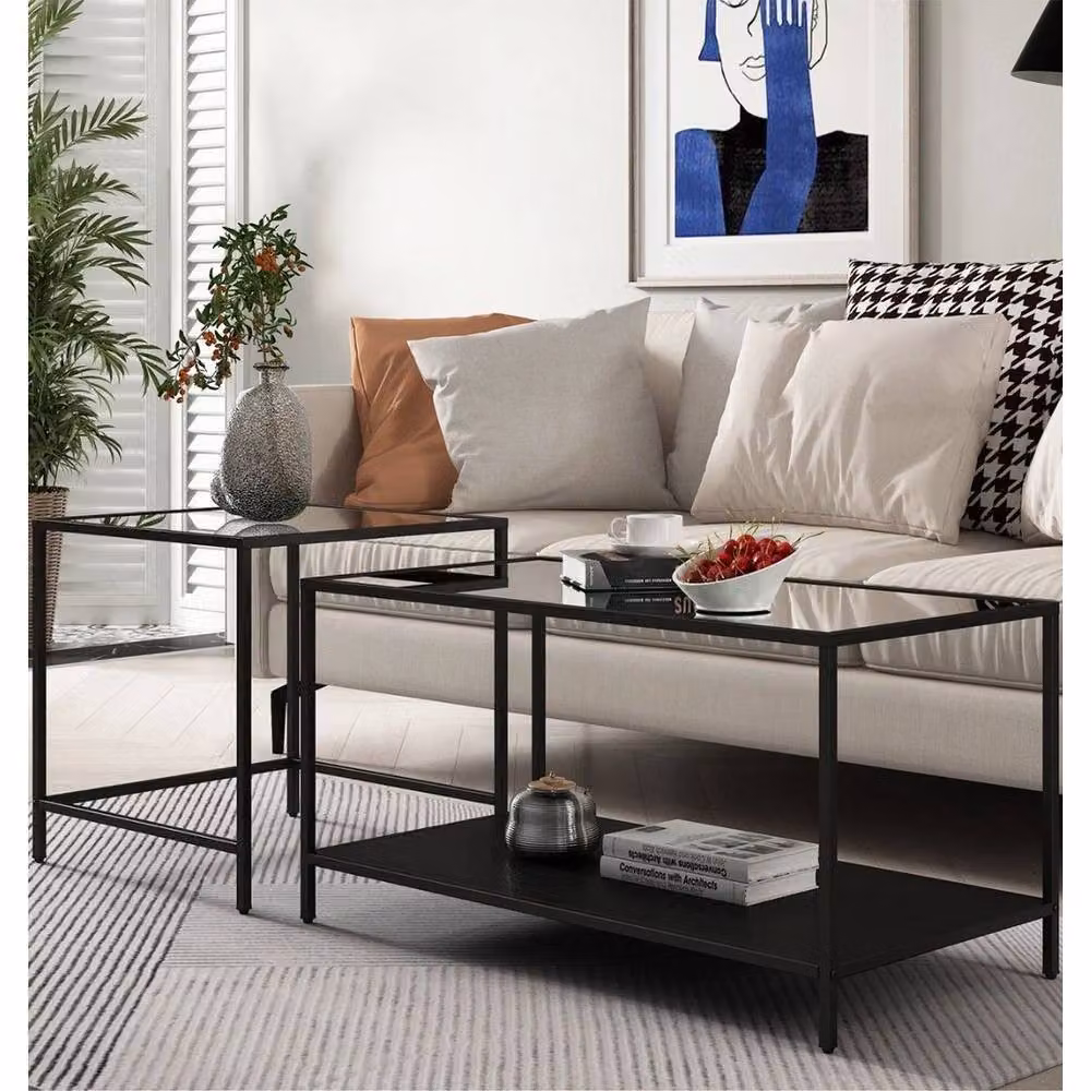 FORGEVIO Modern Nesting Coffee Table with Black Matt Metal Frame and Glass Tops – 2