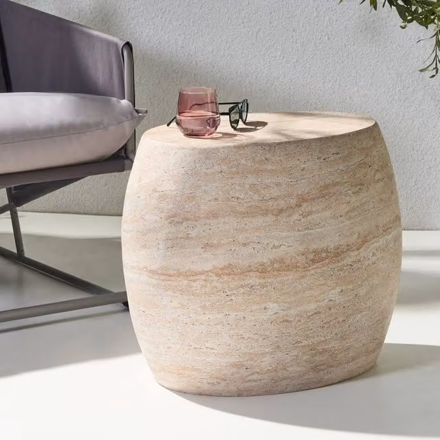 Wyld and Coco Beige Travertine-Effect Round Side Table, W: 58 cm, D: 40 cm, H: 52 cm