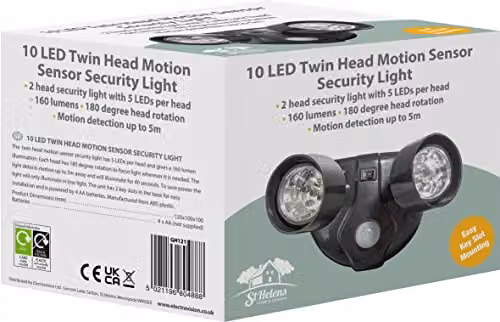 St. Helens Home & Garden Black 10 LED Twin Head Battery Operated Motion Sensor Security Floodlight with Dusk Sensor – 4