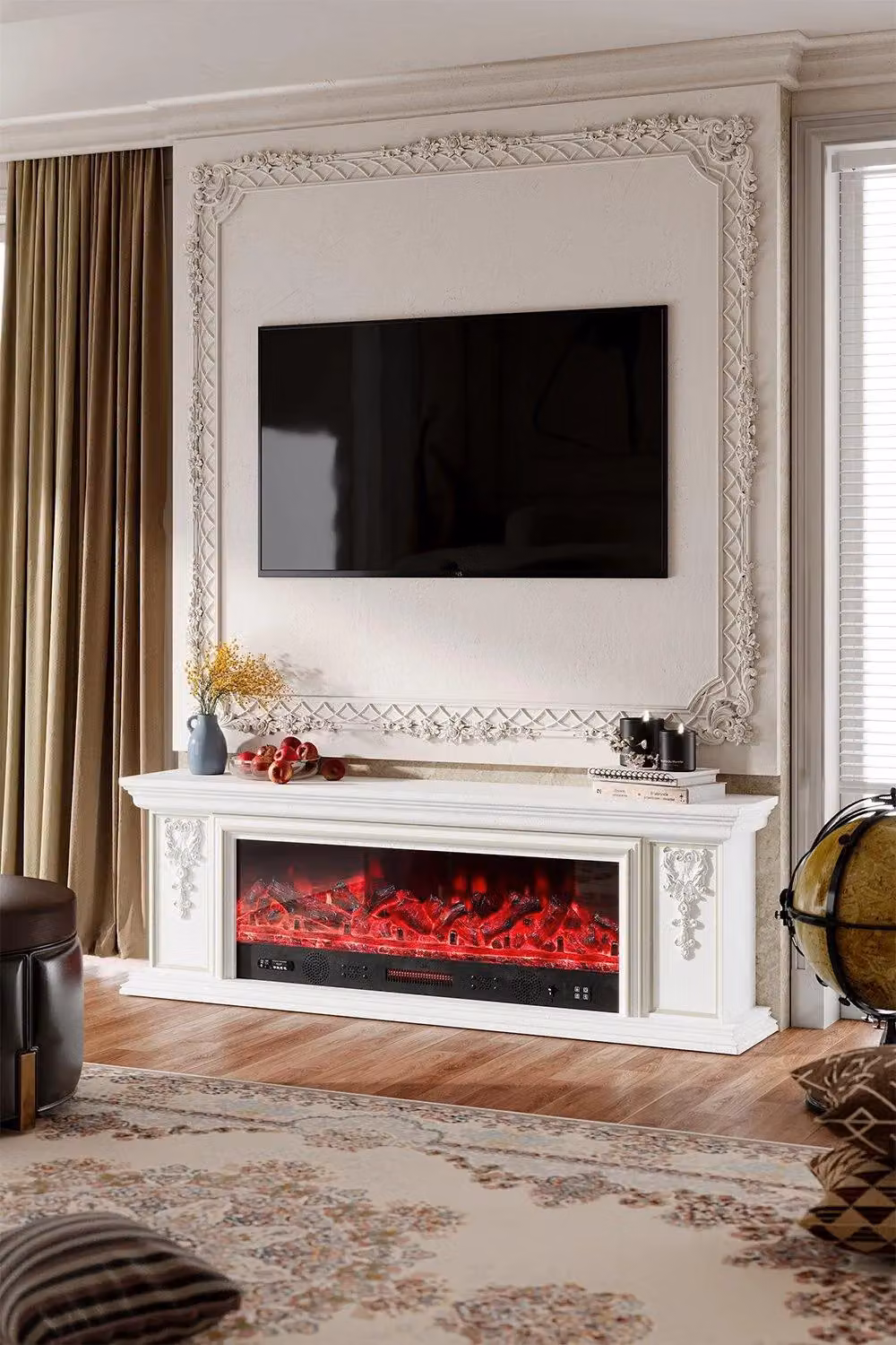H&O Direct Gold and White TV Stand Electric Fireplace with Adjustable Flame and Remote Control – 2