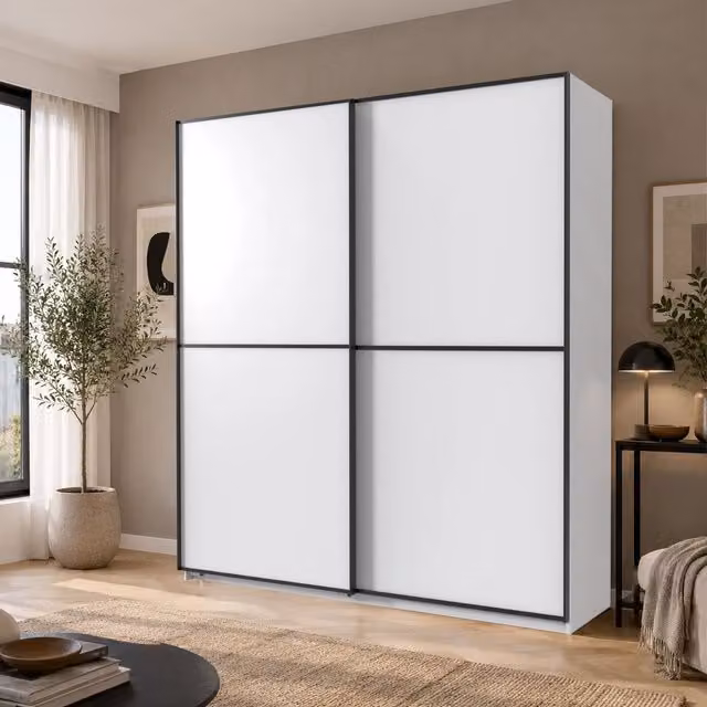 Ulm Sliding Door Wardrobe in White and Black Matt Finish, Width: 180 cm