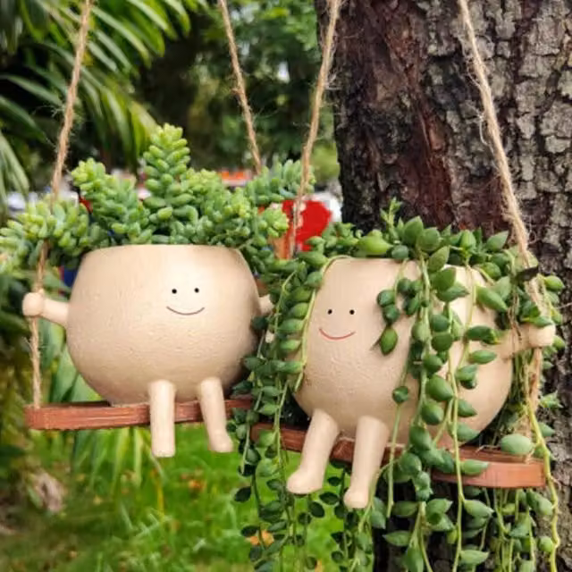 EONLION Set of 2 White Hanging Swing Face Resin Planter Pots for Succulents
