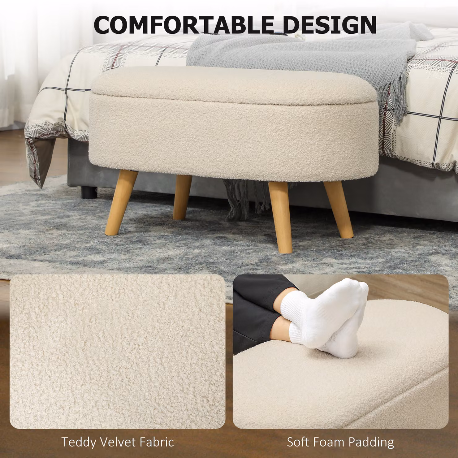 HOMCOM Teddy Fleece Storage Ottoman in White Bouclé with Wood Frame, W/D/H: 45.0 x 32.0 x 72.0 cm – 3