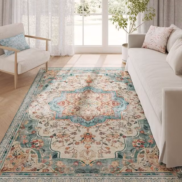 SONGMICS Teal Vintage Non-Slip Washable Rectangular Rug in Petrol Blue