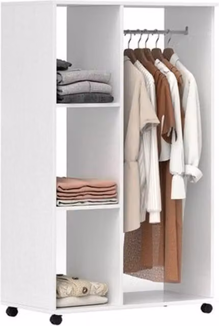 NESTLUNE Rolling Open Wardrobe with Hanging Rail and Storage Shelves, White, W: 100 cm, D: 15 cm, H: 128 cm