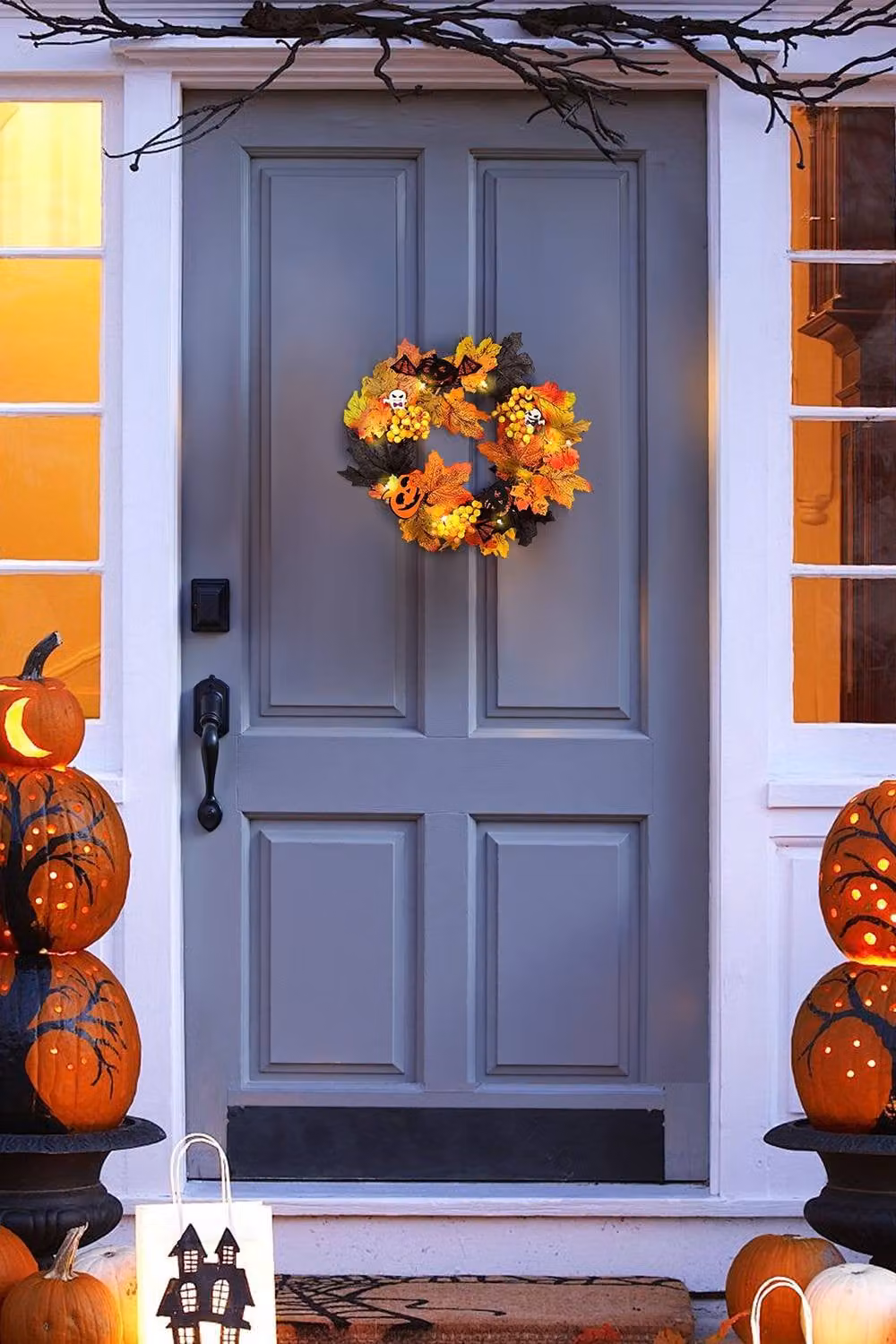 Garden Sanctuary Orange Halloween Decoration Wreath with LED Lights and Floral Leaves – 2