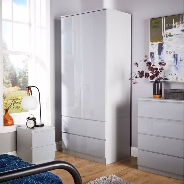 Home Source Lugano 2 Door 2 Drawer Wardrobe with High Gloss Fronts in Grey
