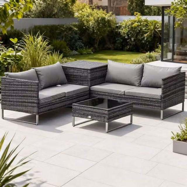 ERGOVEXA 4 Piece Grey Rattan Garden Furniture Set with Upholstered Cushions and Powder Coated Steel Frame