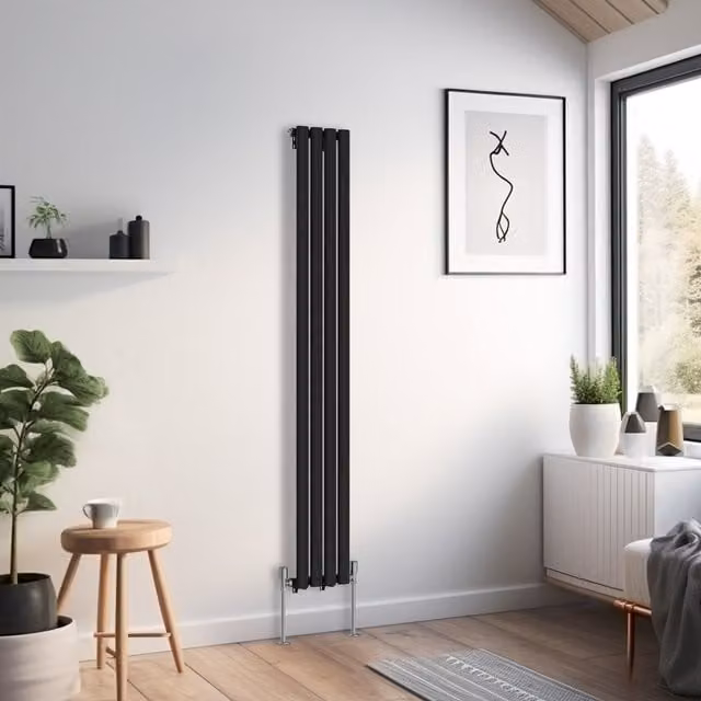 Right Radiators Oval Single Panel Vertical Radiator in Black, Height: 160 cm, Width: 23.6 cm, Depth: 23.6 cm