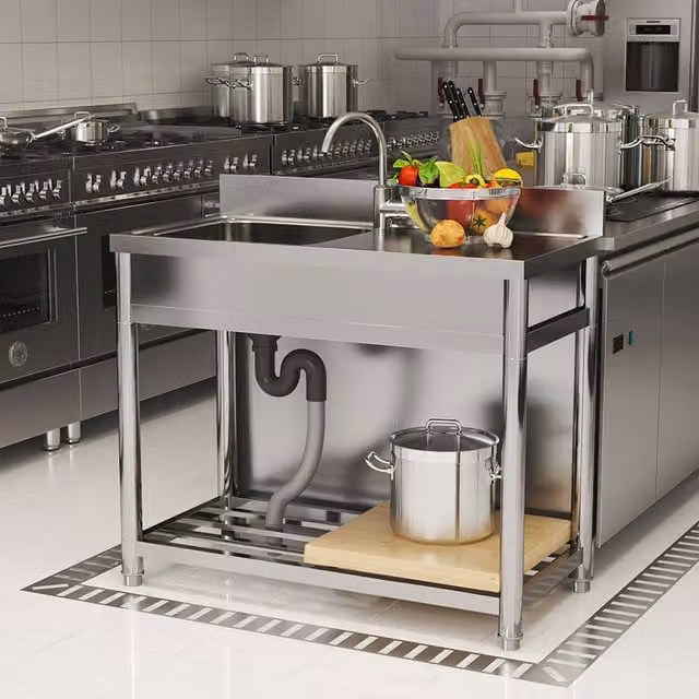 Livingandhome Stainless Steel Commercial Kitchen Sink with Shelf and Backsplash Drainer, Silver, Right-Hand