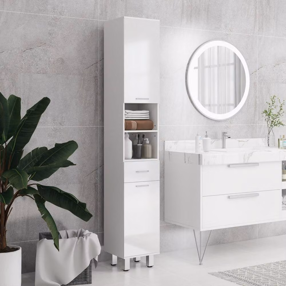 Wyld Haus Tall Slim High Gloss White Storage Cabinet with Drawers, Shelves and Double Doors – 3