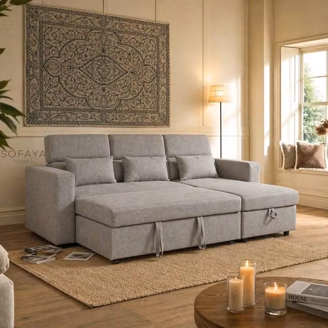 Sofaya Chelsea 3 Seater L-Shape Corner Sofa Bed in Grey Fabric with Reversible Chaise and Lift-Up Seat