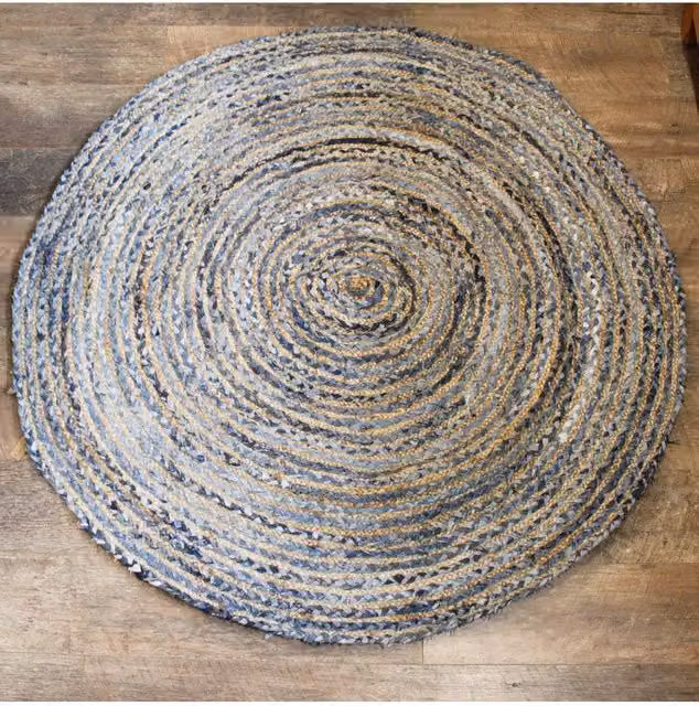 KDMD Handmade Round Jute and Cotton Rug in Blue Multicolour, Diameter: 150 cm – 1