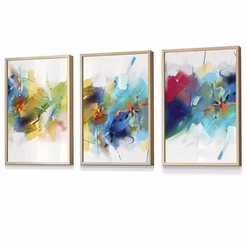 ARTZE Set of 3 Abstract Multicolour Fractal Wall Art with Oak Wood Frames, W: 33 cm, H: 45 cm – 2