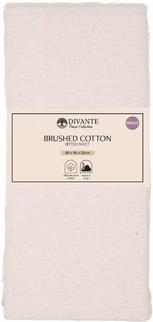 Divante Brushed Cotton Plain Flannel Fitted Sheet, Beige, W/D/H: 90 x 200 cm
