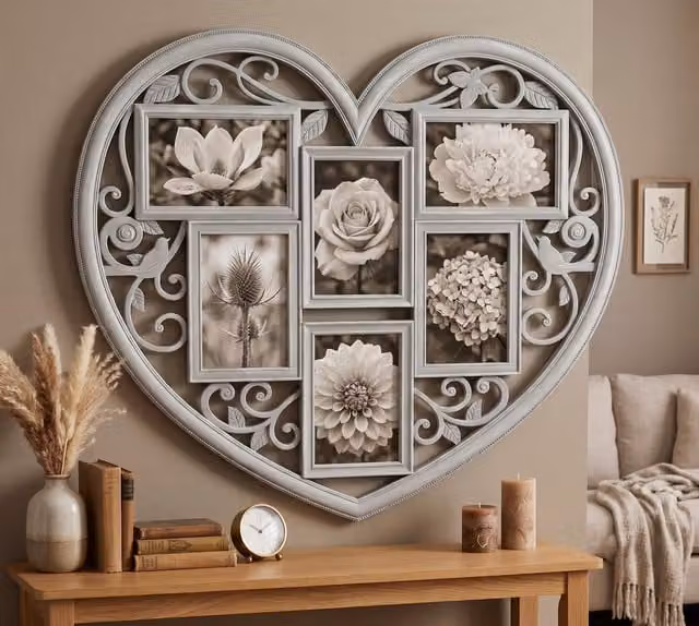 DEENZ Multi-Aperture Heart Shape Wall Photo Frame with 6 Openings in Brushed White, W: 58 cm, H: 52.5 cm, D: 1.7 cm