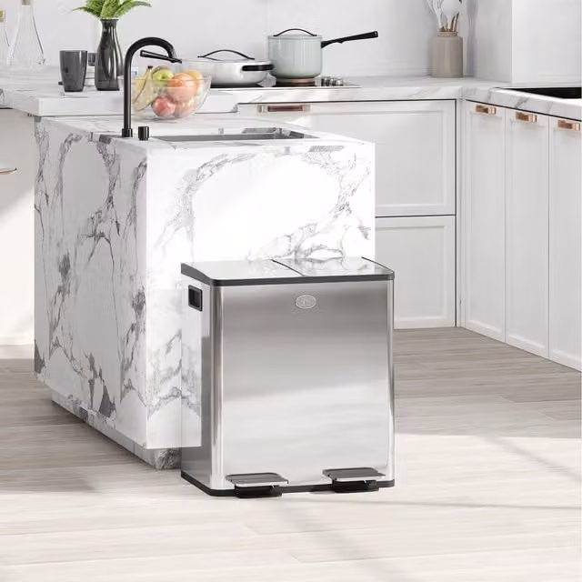 HOMCOM 20L Dual Kitchen Pedal Bin with Removable Inner Buckets and Soft-Close Lid, Silver Stainless Steel